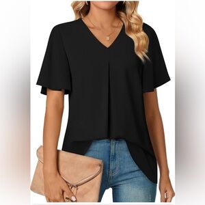 Anyally Women’s Chiffon Blouse V Neck Short Sleeve Tunic Top Black